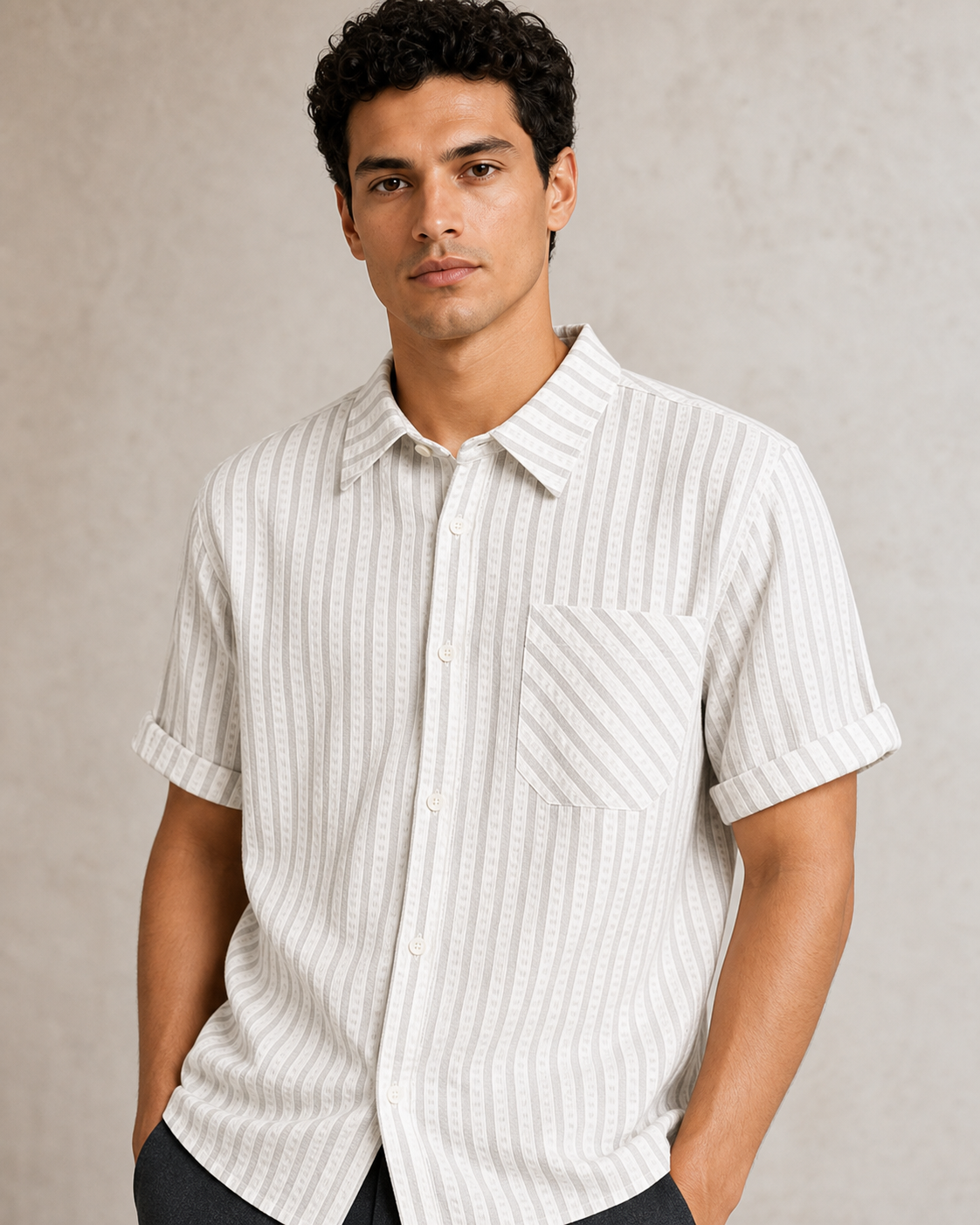 Camisa blanca de rayas finas, detalle de cuello, bolsillo y botones