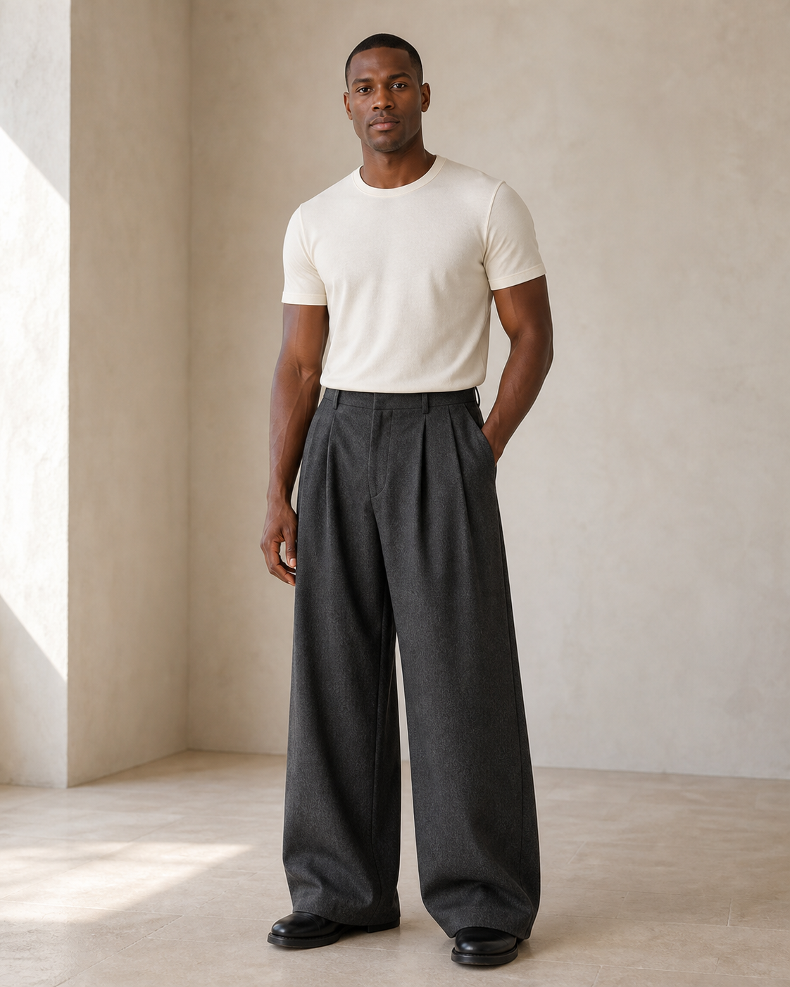 Modelo con pantalón gris oscuro de doble pinza, vista frontal tres cuartos