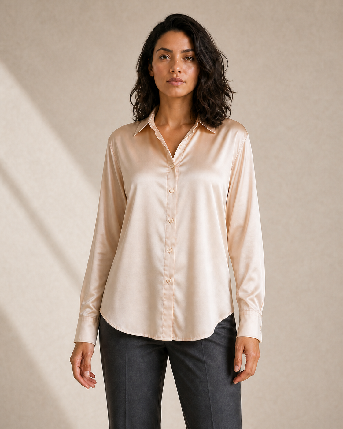 Blusa color champán, detalle de cuello, botones y puños