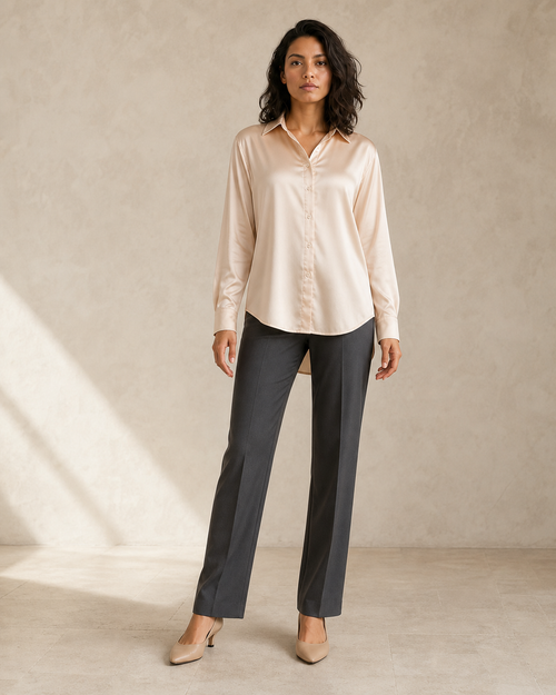 Modelo con blusa de manga larga color champán, vista frontal tres cuartos