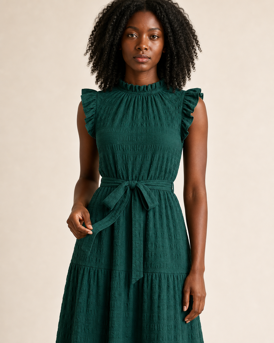 Detalle del cuello alto, los volantes, la textura tonal y el cinturón del vestido midi verde oscuro