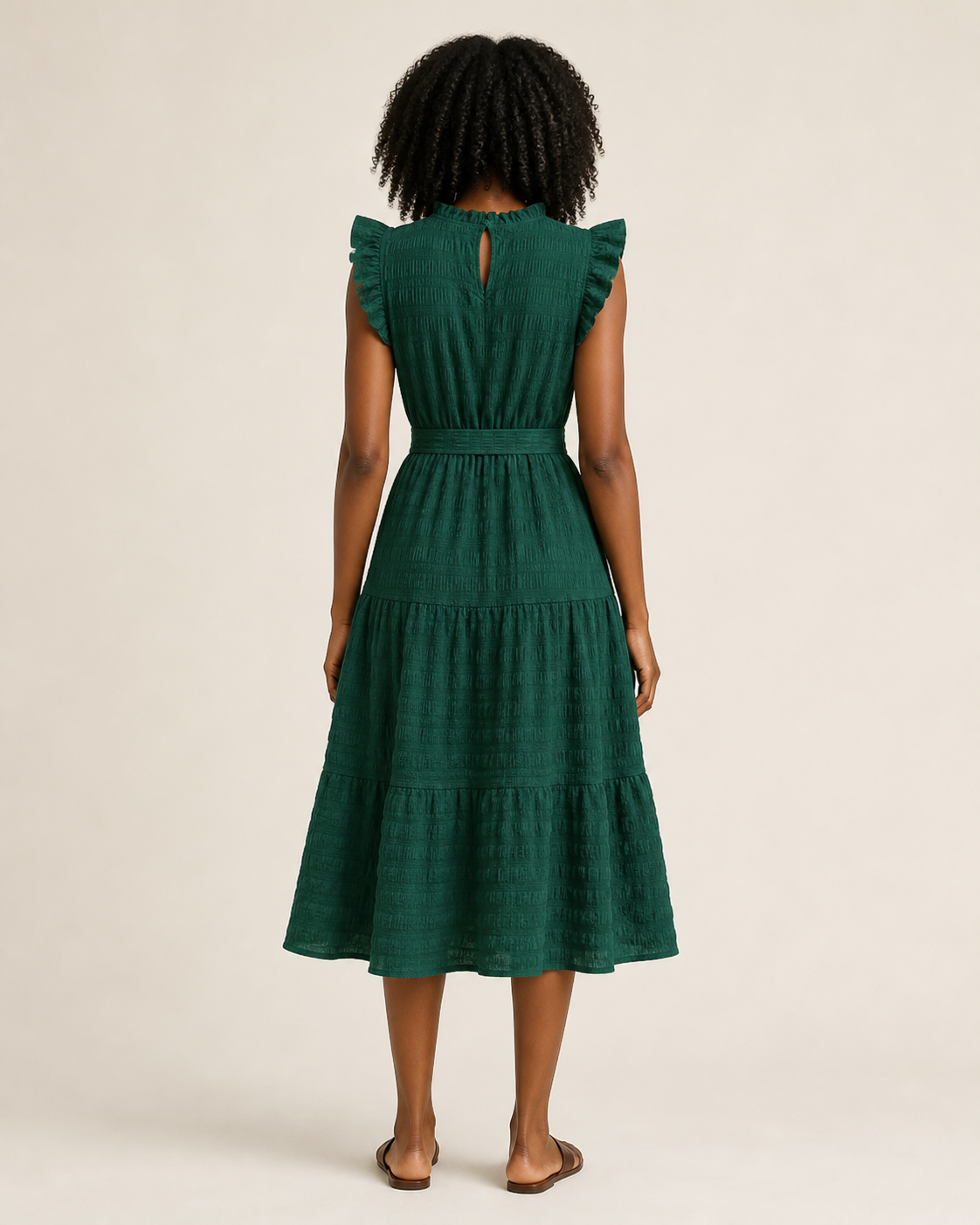 Vista posterior del vestido midi verde oscuro con abertura pequeña, cinturón y falda escalonada