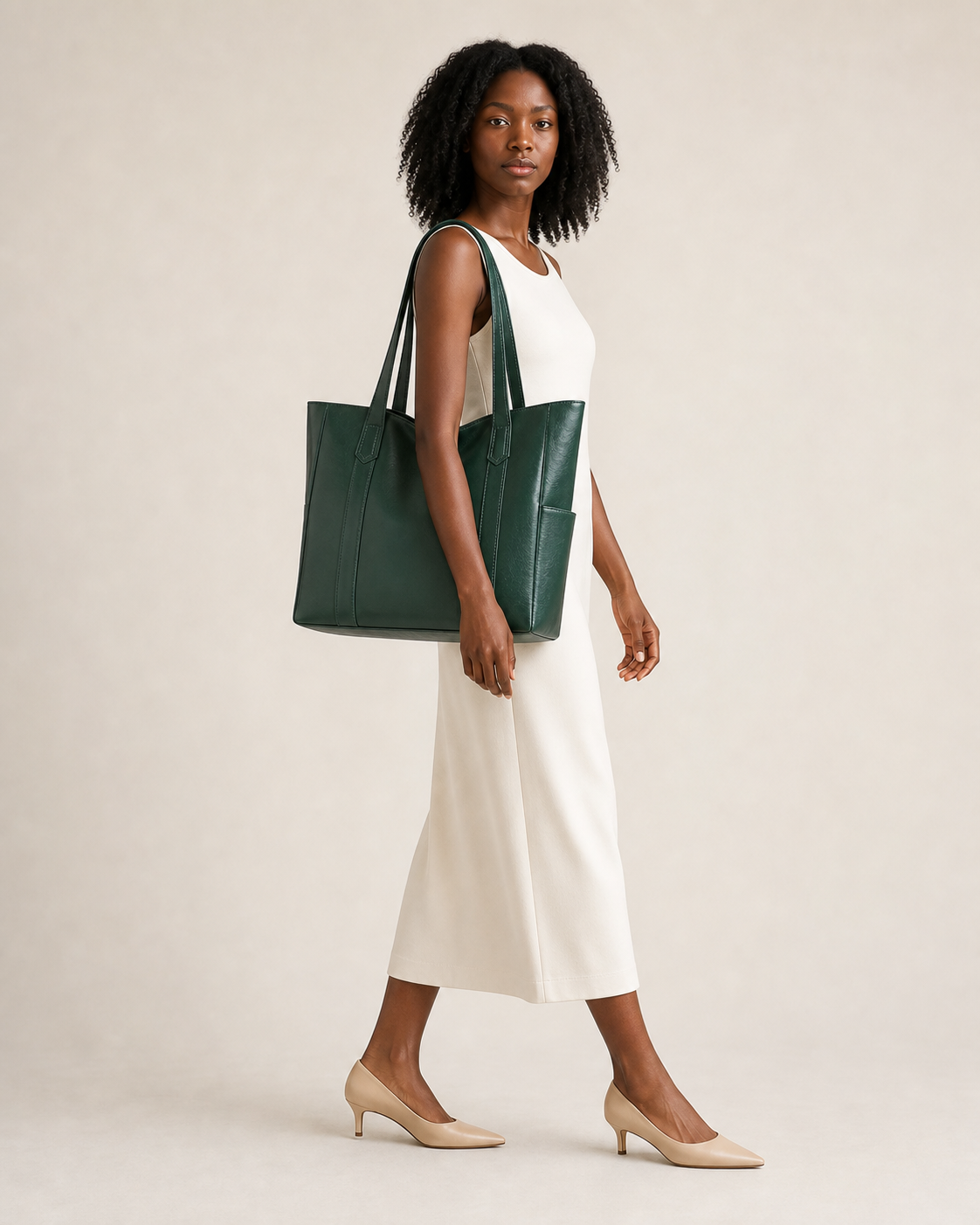 Vista lateral de tres cuartos del bolso tote verde con bolsillo exterior
