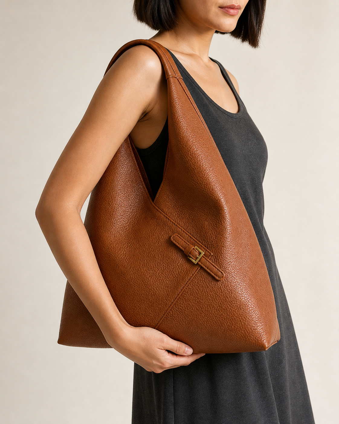 Detalle de la costura diagonal y la hebilla rectangular del bolso hobo marrón