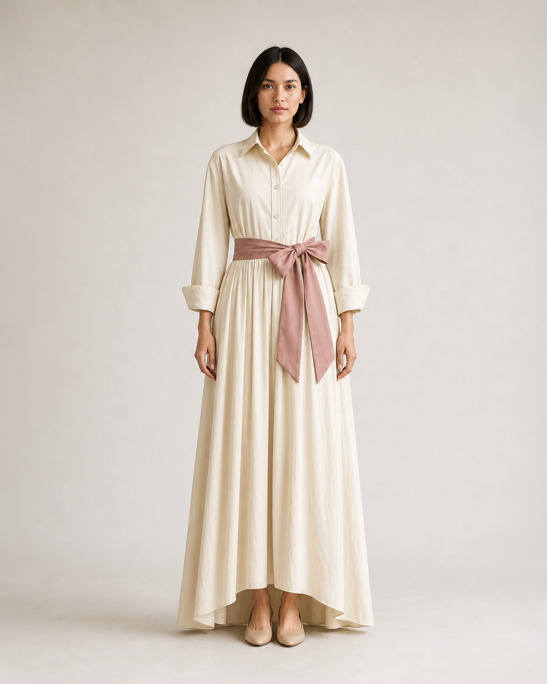Mujer con vestido camisero largo color albaricoque y lazo rosa empolvado, vista frontal de cuerpo entero