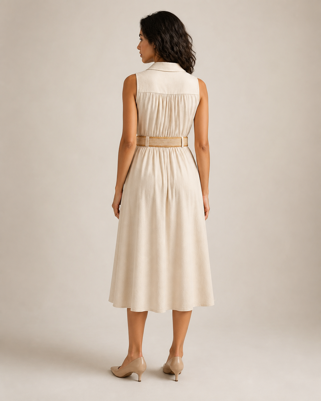 Vista posterior del vestido camisero caqui sin mangas con cinturón y canesú fruncido