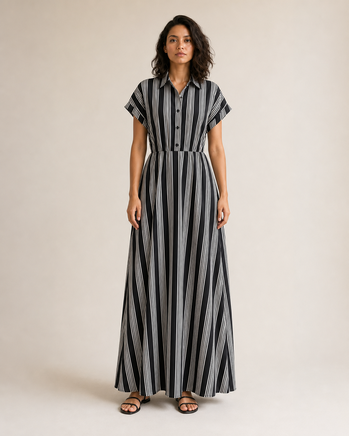 Mujer con vestido camisero largo de rayas blancas y negras, vista frontal de cuerpo entero