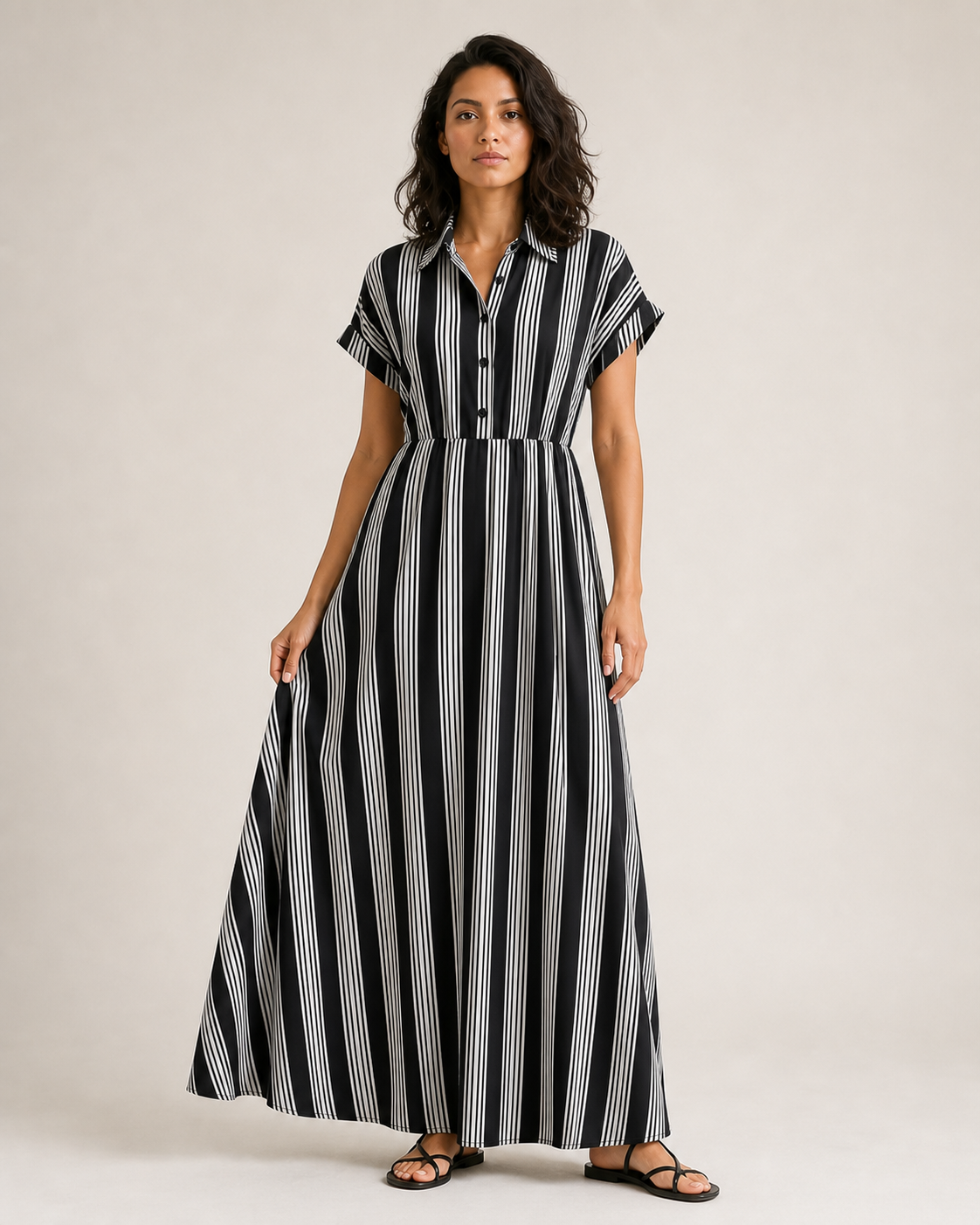 Mujer con vestido camisero largo de rayas blancas y negras, vista frontal de tres cuartos