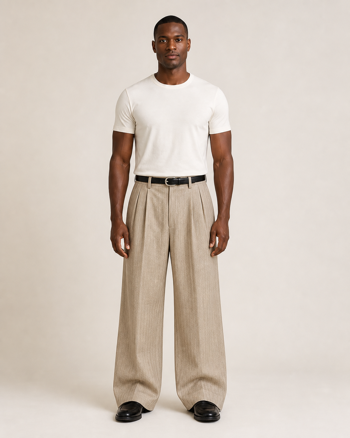 Hombre con pantalón caqui de raya fina y pierna ancha, vista frontal de cuerpo entero