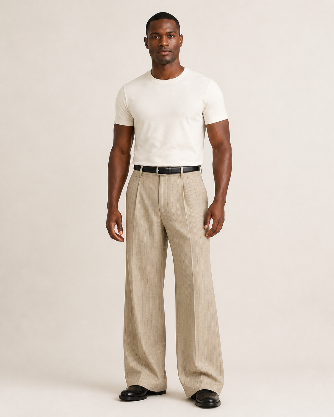 Hombre con pantalón caqui de raya fina y cinturón negro, vista frontal dominante