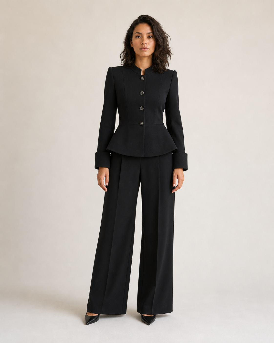 Mujer con blazer peplum negro de cuatro botones, vista frontal de cuerpo entero