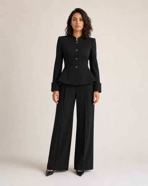 Mujer con blazer peplum negro de cuatro botones, vista frontal de cuerpo entero