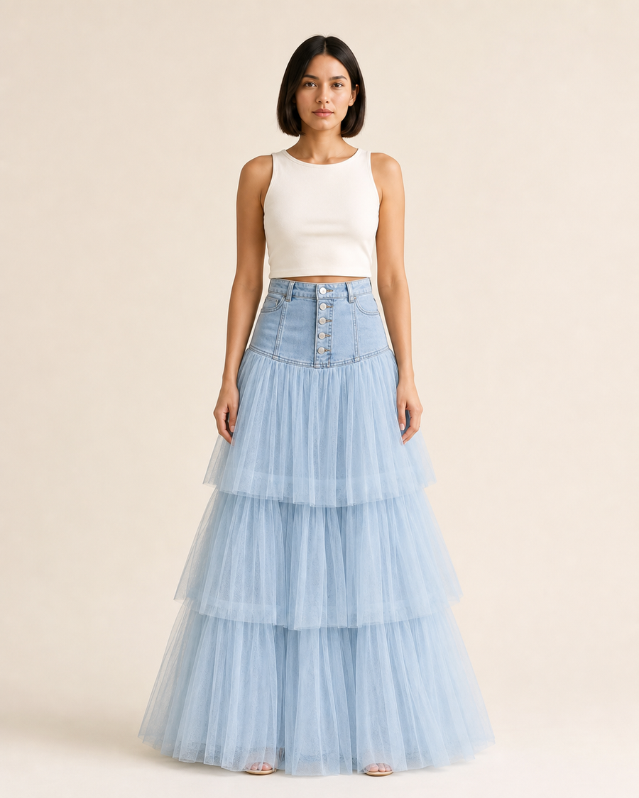 Mujer con falda larga azul claro, canesú estructurado de cinco botones y capas translúcidas, vista frontal