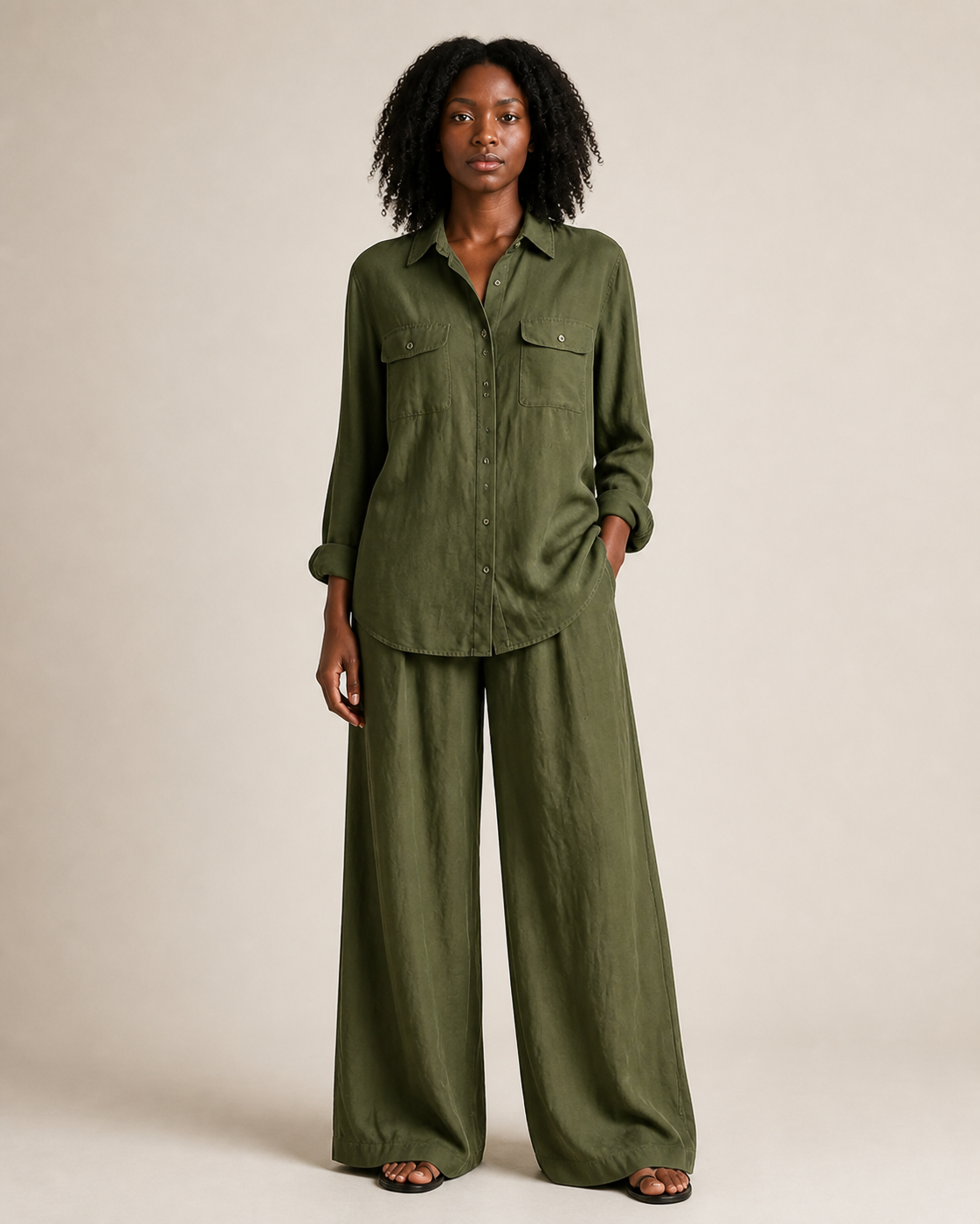 Mujer con conjunto verde militar de camisa y pantalón ancho, vista frontal dominante en movimiento