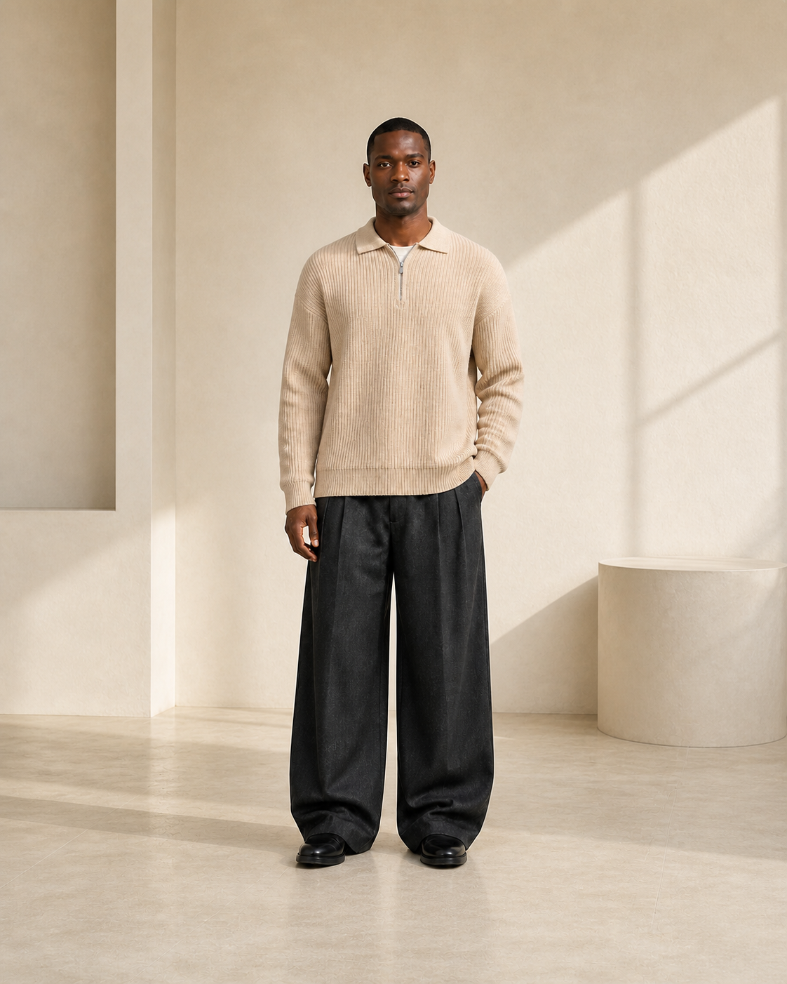 Modelo hombre con jersey color té con leche y medio cierre VALERUME, vista frontal.