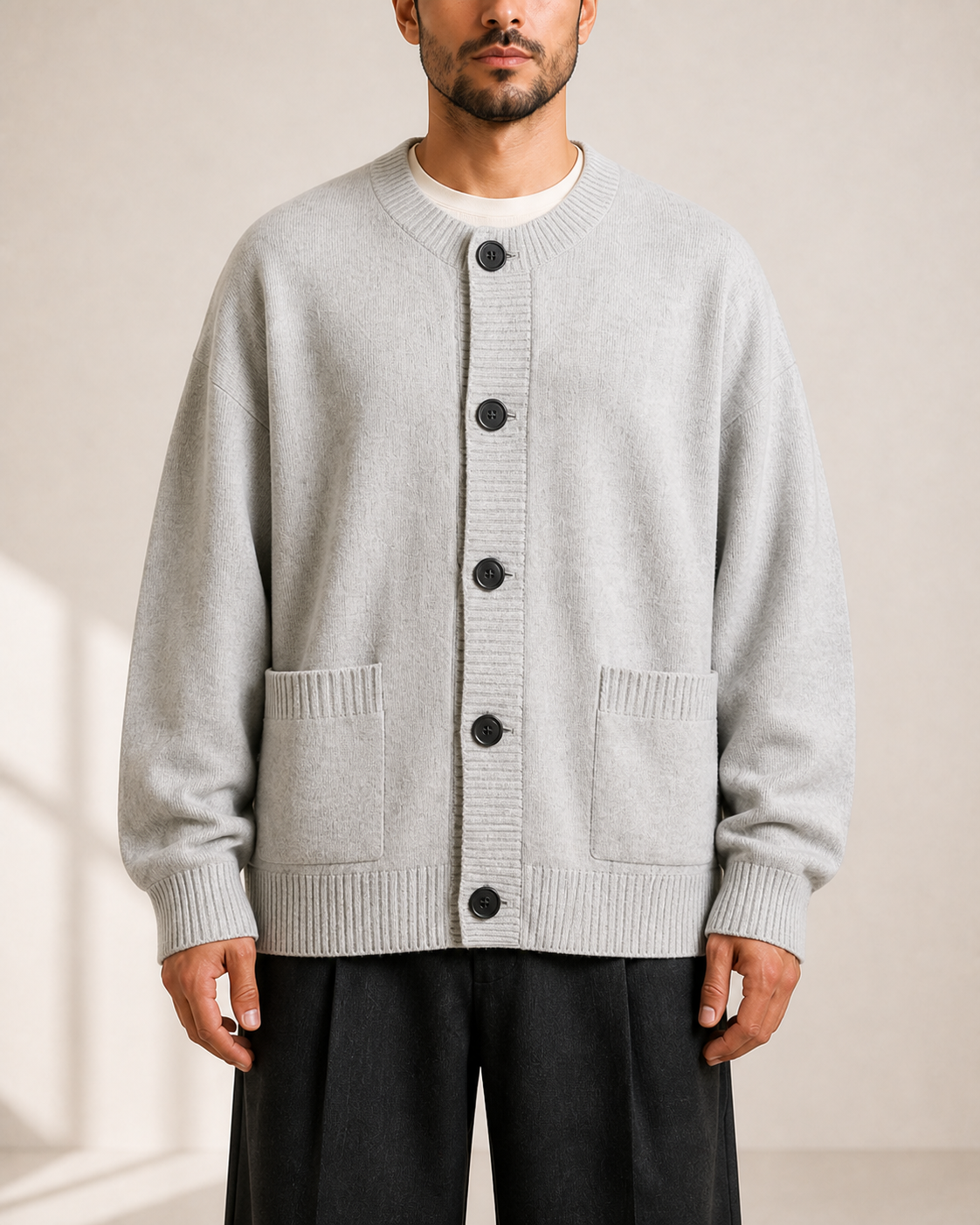Detalle de botones y bolsillos del cardigan gris claro VALERUME.
