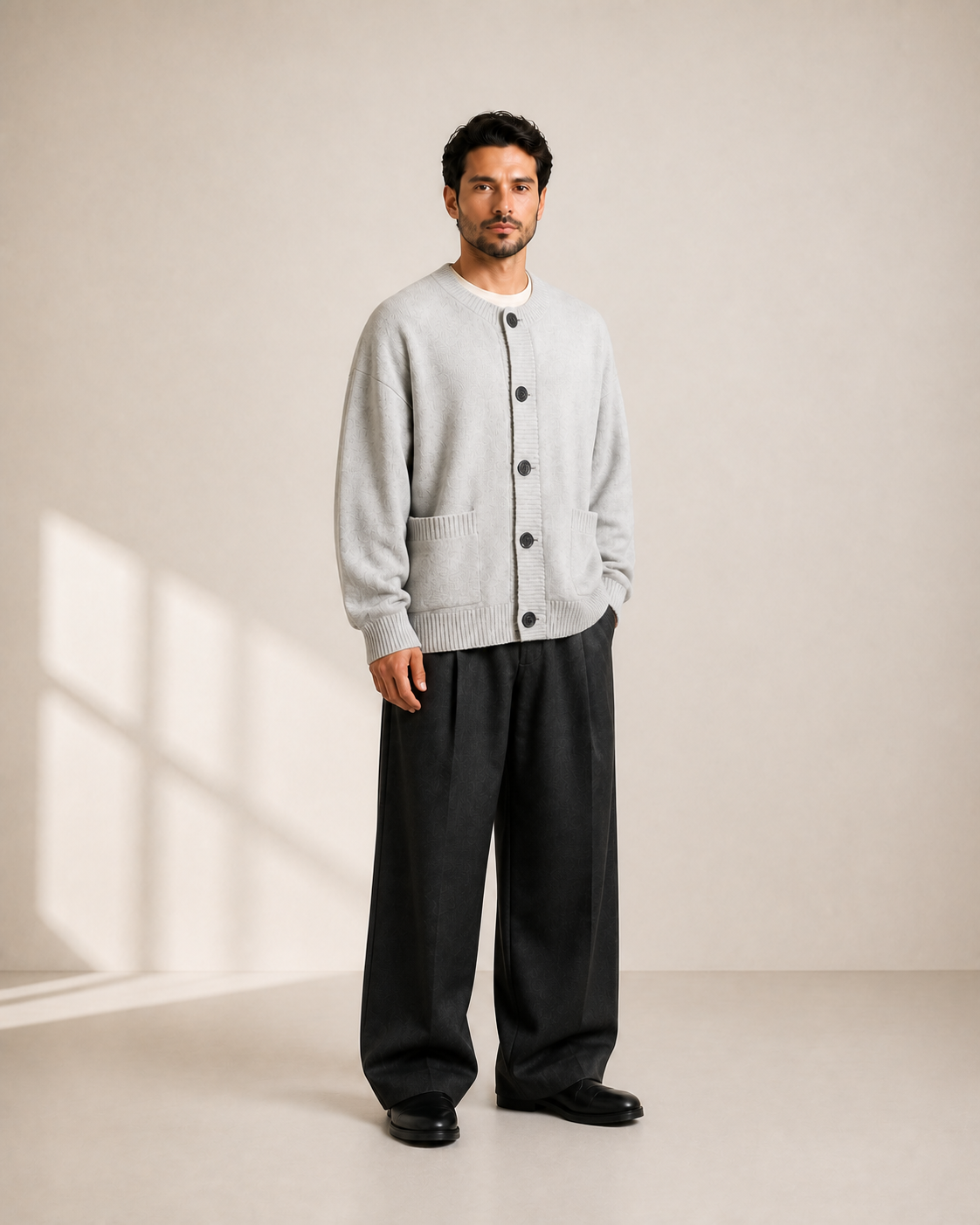 Modelo hombre con cardigan gris claro VALERUME, vista tres cuartos.