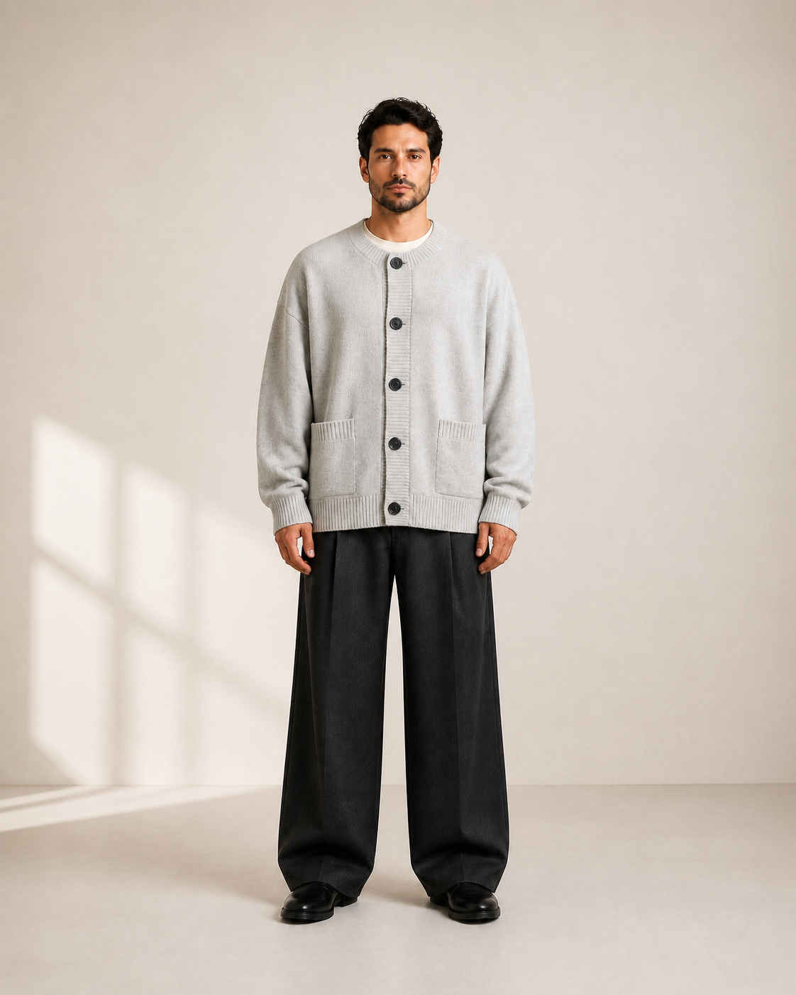Modelo hombre con cardigan gris claro VALERUME, vista frontal.