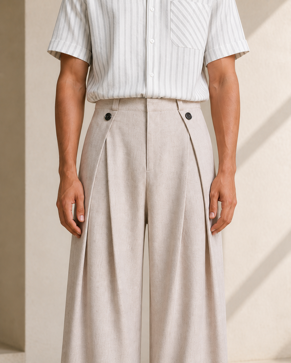 Detalle de cintura y doble pinza del pantalón albaricoque VALERUME.