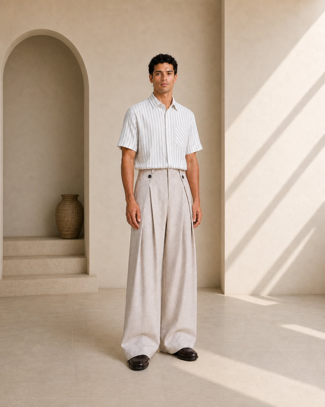 Modelo hombre con pantalón albaricoque VALERUME, vista tres cuartos.