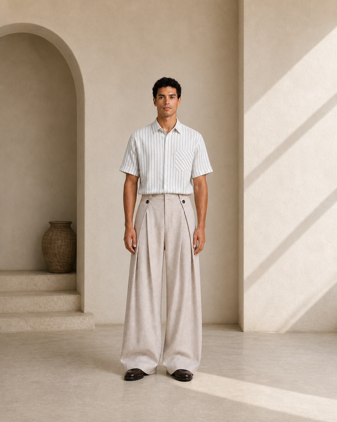 Modelo hombre con pantalón albaricoque de doble pinza VALERUME, vista frontal.