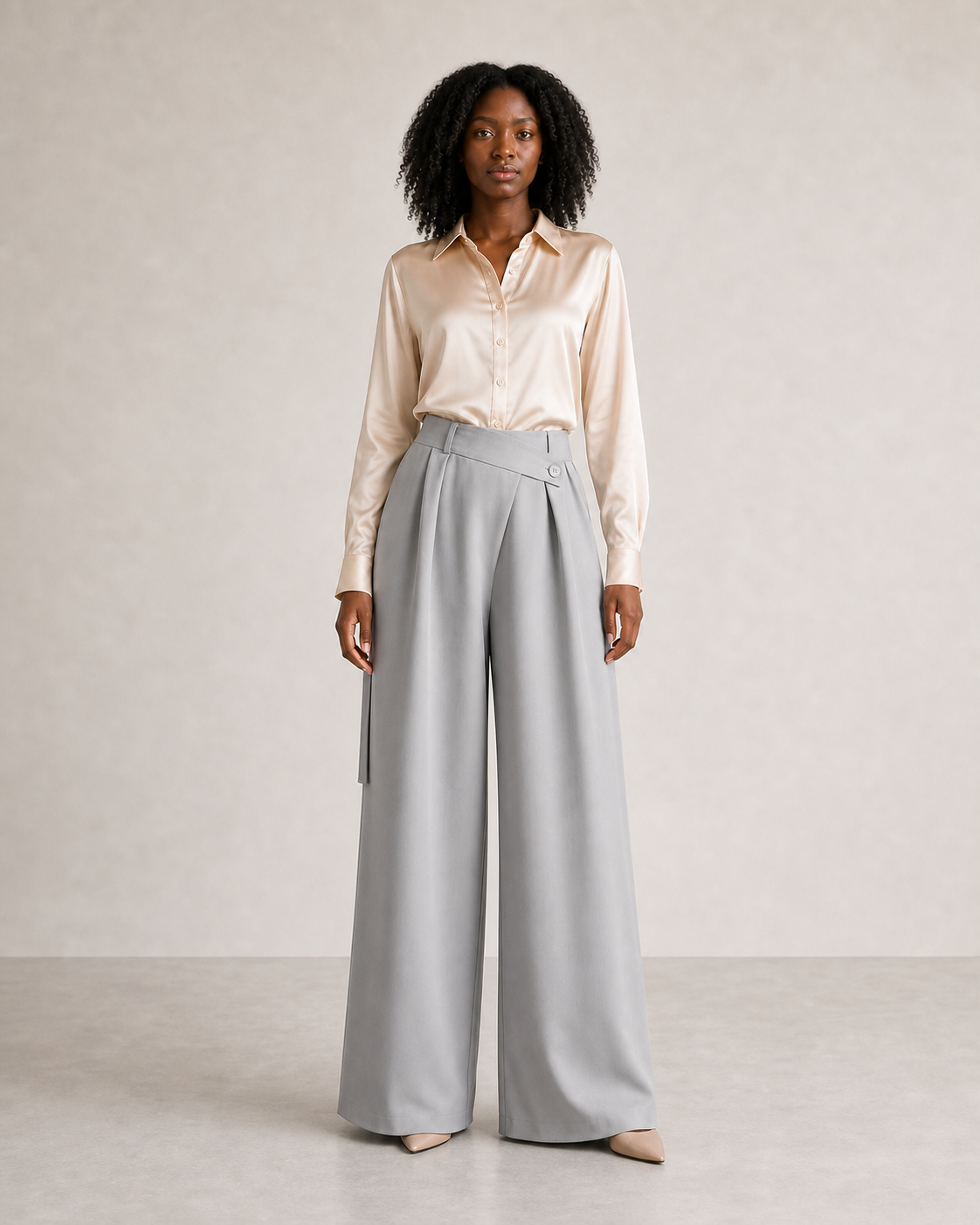 Modelo mujer con pantalón gris de pierna ancha VALERUME, vista frontal.