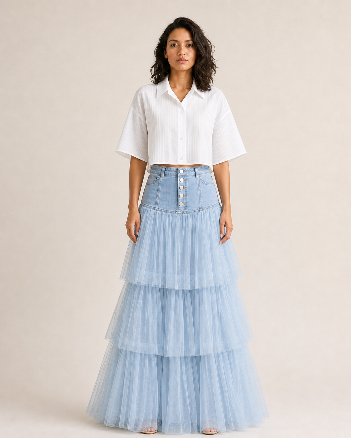 Modelo mujer con blusa blanca de manga corta VALERUME, vista frontal.