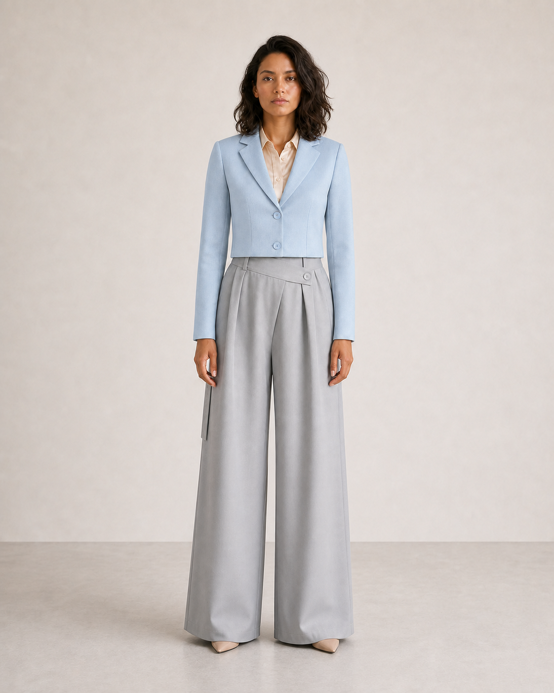Modelo mujer con blazer corto azul claro VALERUME, vista frontal.