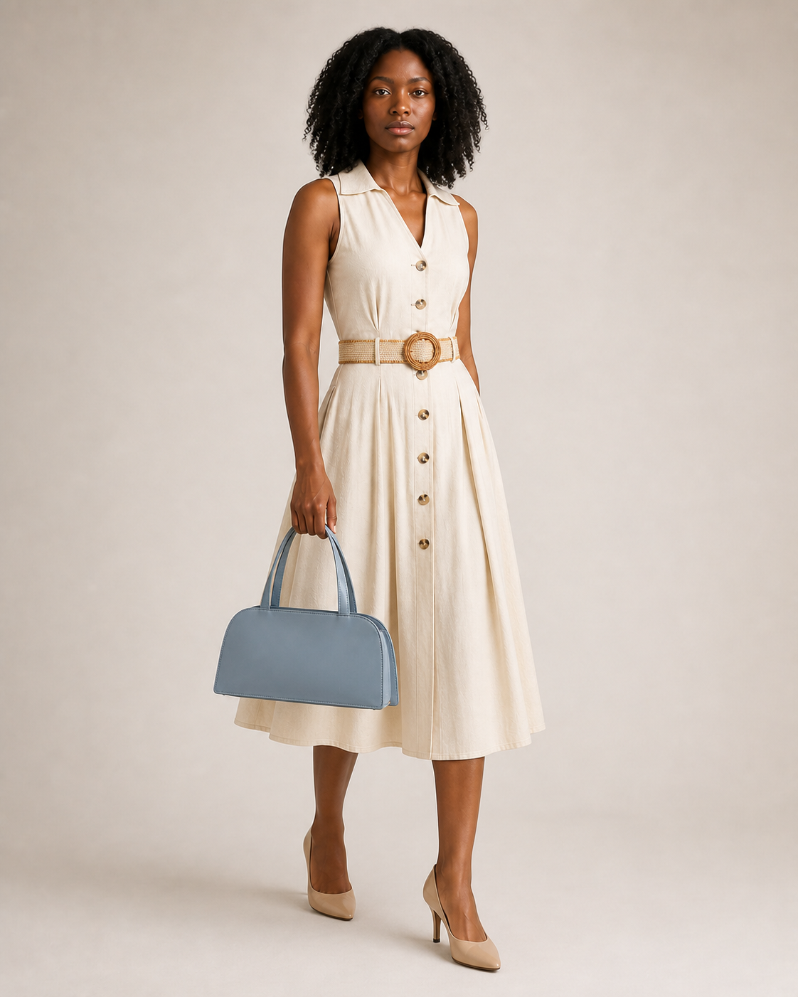 Mujer con bolso azul grisáceo de formato horizontal, vista frontal lateral