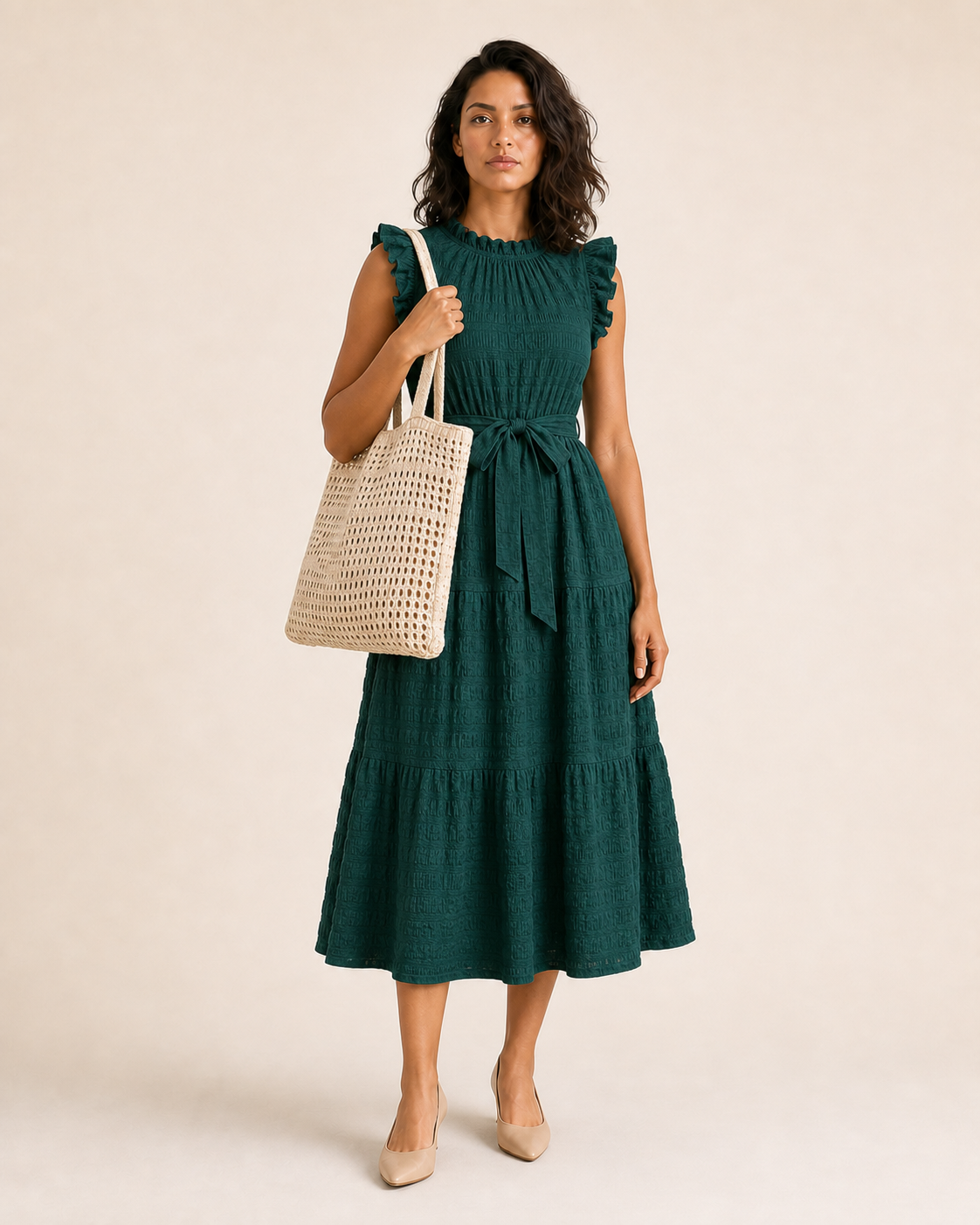 Mujer con bolso tote color albaricoque de tejido abierto llevado al hombro