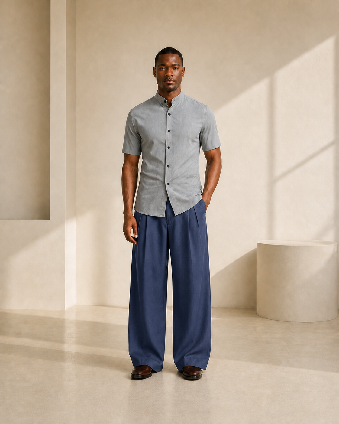 Hombre con camisa gris de manga corta y pantalón oscuro, vista frontal de cuerpo entero