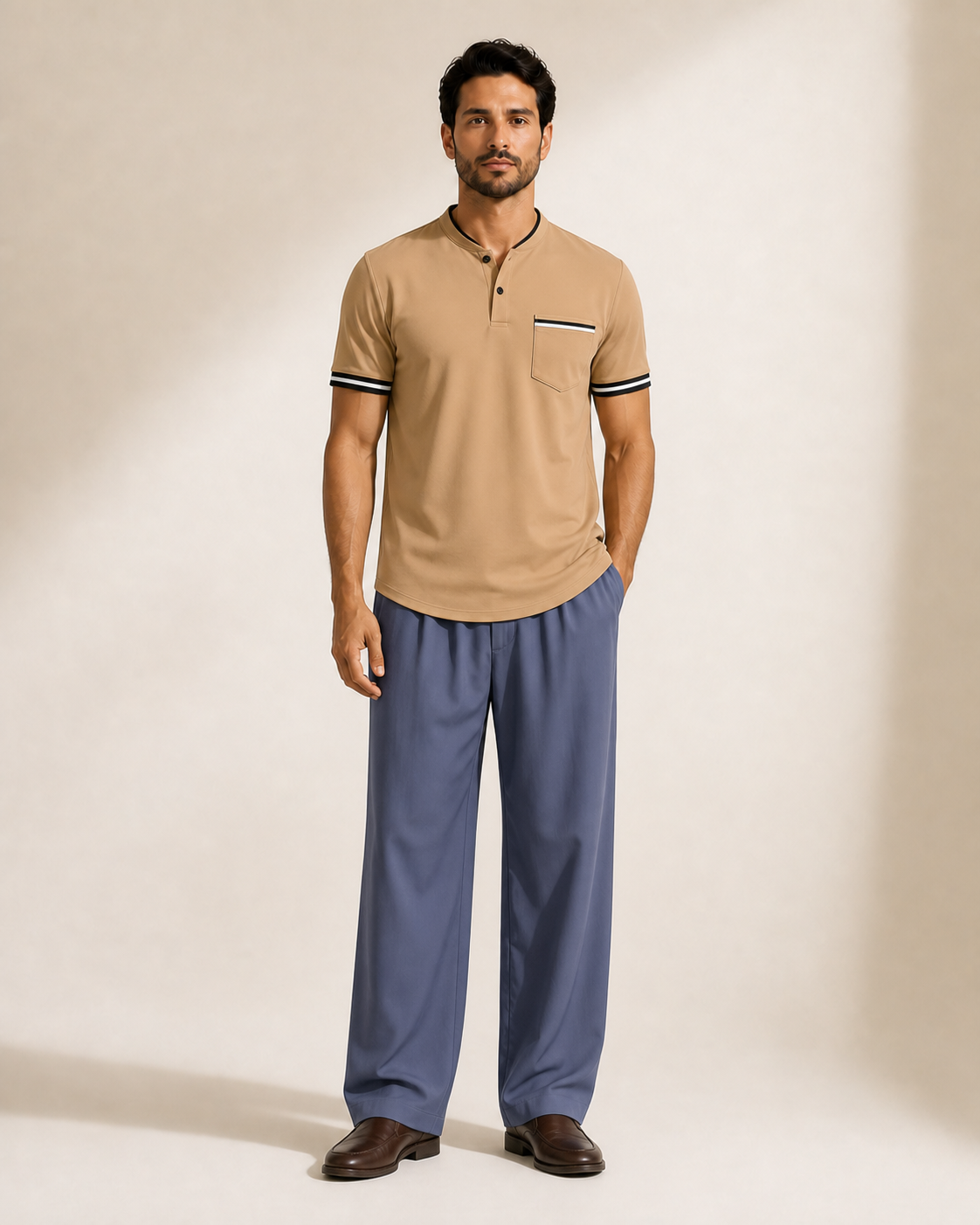 Hombre con polo caqui de manga corta, cuello alto y bolsillo, vista frontal de cuerpo entero