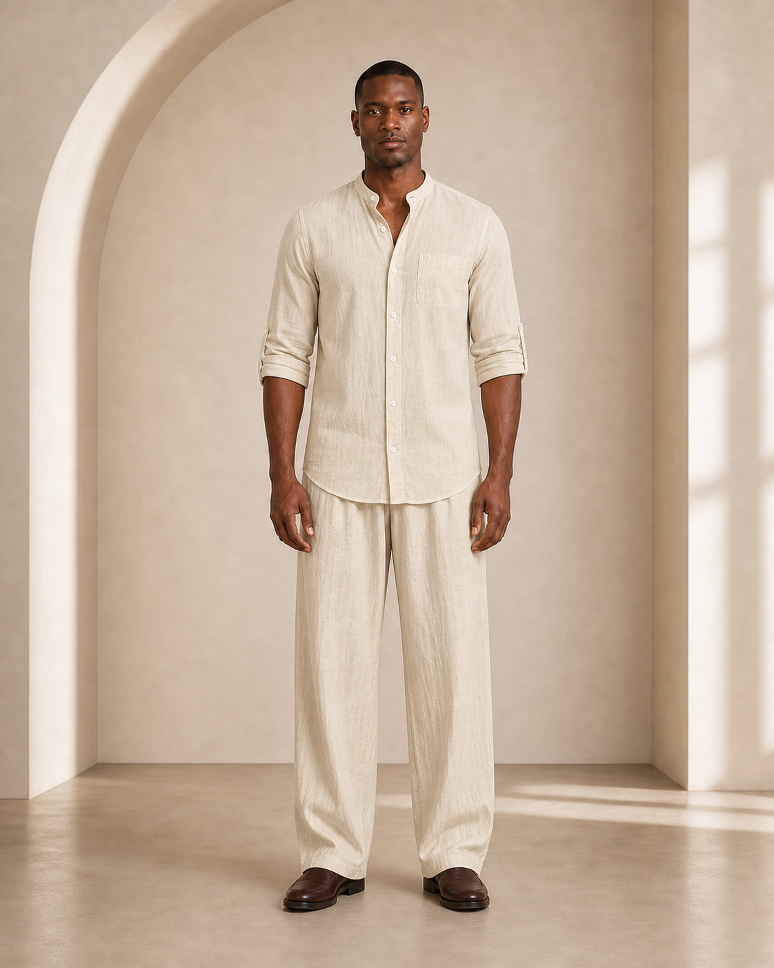 Hombre con conjunto caqui de camisa con cuello mao y pantalón largo, vista frontal de cuerpo entero