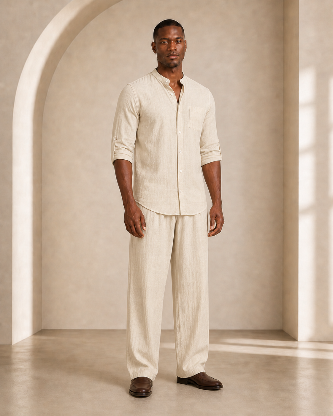 Hombre con conjunto caqui de camisa y pantalón, vista frontal tres cuartos
