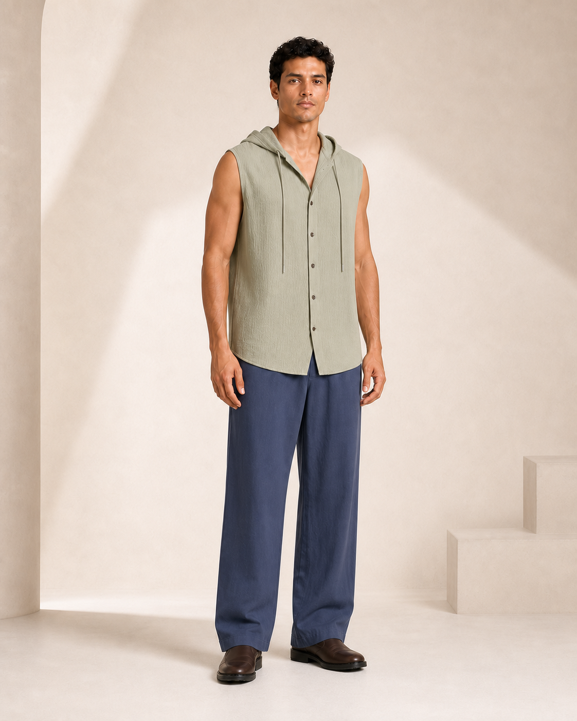 Hombre con chaleco verde militar con capucha, vista frontal tres cuartos