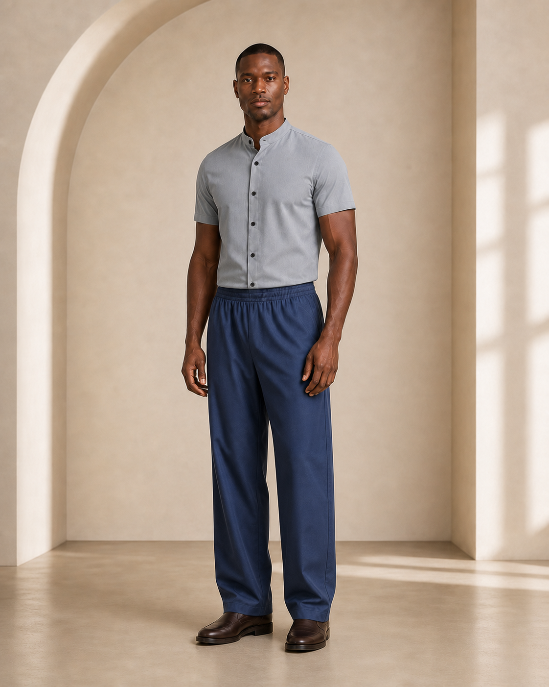 Hombre con pantalón azul de caída fluida, vista frontal tres cuartos